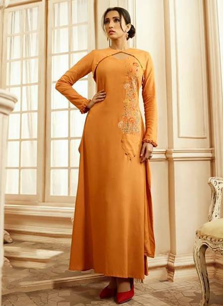 Orange Colour Stylish Gown Designer Party Wear Pure Rayon Cotton Fancy Long Kurti Collection 1007